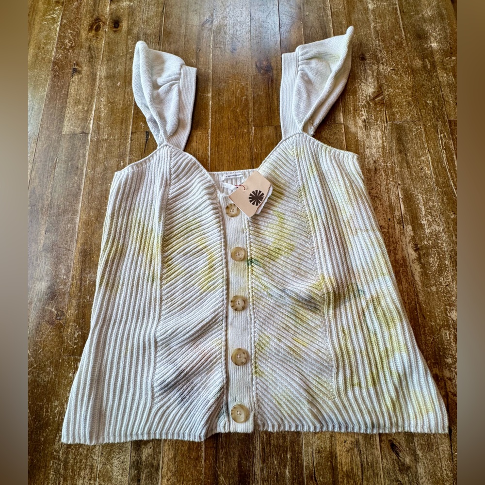 NWT Anthropologie White Ribbed Button-Front Tank with Multi-Colored Tie-Dye
